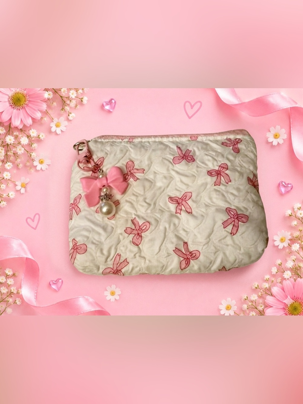 Pink Bow Crinkle Makeup Bag Cream & Pink NWOT